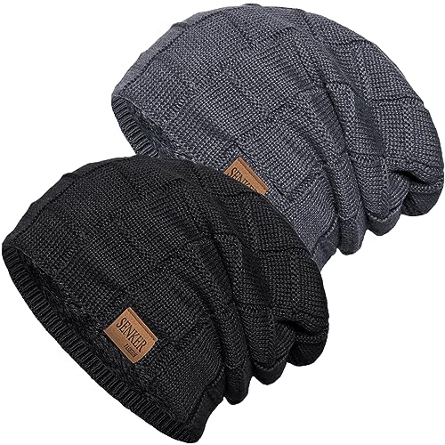 Senker Fashion 2 Pcs Winter Slouchy Beanie Hats for Men, Warm Mens Beanies - color: Dark Black + Grey