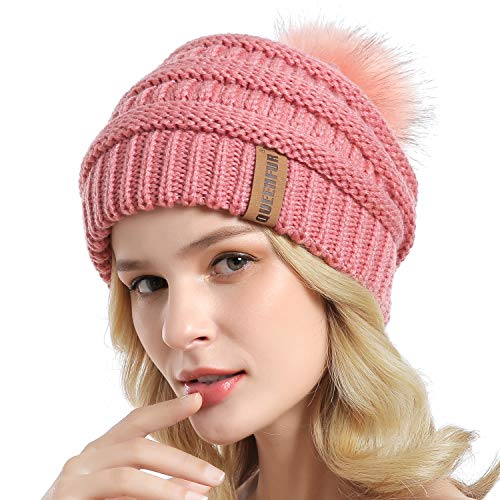 Women Knit Slouchy Beanie Chunky Baggy Hat with Faux Fur Pompom Winter Soft Warm Ski Cap - color: B9-single Pink