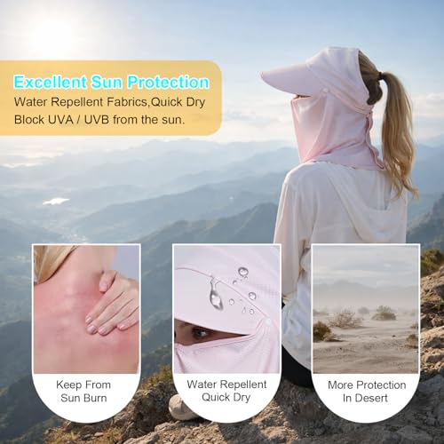 Women Wide Brim Face Mask Sun Hat Detachable Neck Face Flap Ponytail UV Protection Visor Hat Garden Fishing Hiking - color: Bg8094-pink