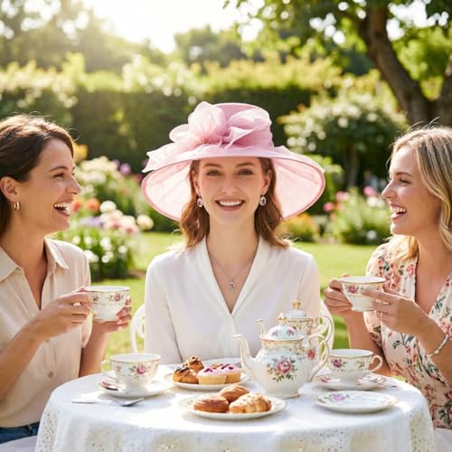 AQOKKA Women Organza Church Fascinators Kentucky Derby Hats for Women and Girls Wedding Flower Tea Party Hat with Wide Brim - color: Pink