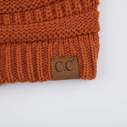 C.C Fur Pom Winter Fall Trendy Chunky Stretchy Cable Knit Beanie Hat - color: Solid Rust