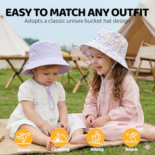 Toddler Bucket Hats UPF 50+ Baby Sun Hat Adjustable Kids Sun Protection Summer Hat Wide Brim Beach Hat for Boys Girls 0-6Y - color: Purple+purple Flower, size: 6-24 Months