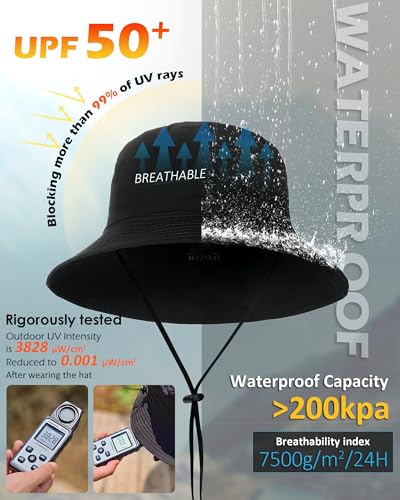 Water-Resistant Bucket Hat for Women Men Rain Hat UPF 50+ Boonie Sun Hat - color: Black
