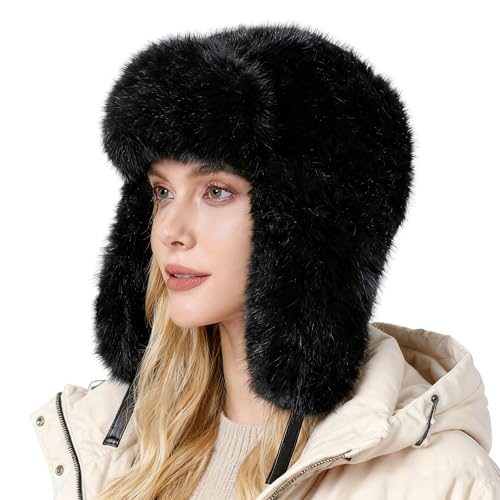 Trapper Hat with Ear Flaps - Winter Russian-Style Fur Pilot Ushanka, Windproof Skiing for Men & Women - color: Black02