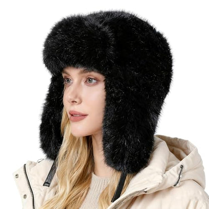 Trapper Hat with Ear Flaps - Winter Russian-Style Fur Pilot Ushanka, Windproof Skiing for Men & Women - color: Black02