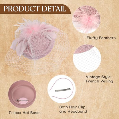 Fascinator Hat Veil Feather Fascinator Tea Party Bridal Wedding Veil Retro Hat Pillbox Hat - color: Pink