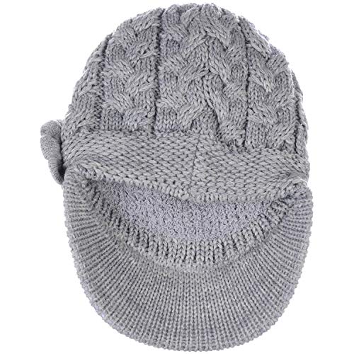 BYOS Womens Winter Chic Cable Warm Fleece Lined Crochet Knit Hat W/Visor Newsboy Cabbie Cap - color: Cable W/ Flower Gray
