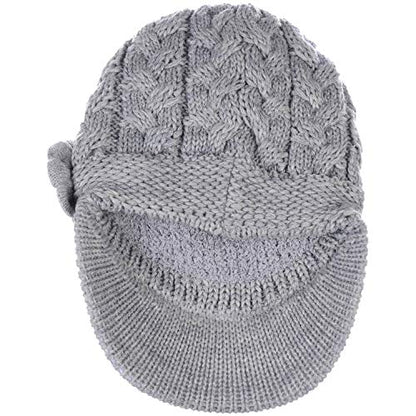 Womens Winter Elegant Cable Flower Knitted Newsboy Cabbie Cap Beret Beanie Hat with Visor, Warm Plush Fleece Lined - color: Light Gray Cable Flower