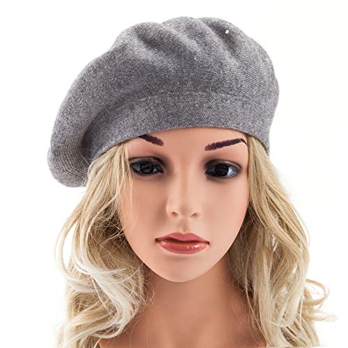 LADYBRO Rhinestone Beret Hats for Women 2 Layers Wool Knit Cap Lady Winter - color: Light Grey (Floral Pattern)