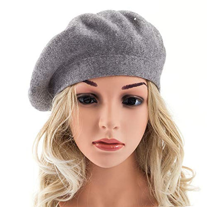 LADYBRO Rhinestone Beret Hats for Women 2 Layers Wool Knit Cap Lady Winter - color: Light Grey (Floral Pattern)