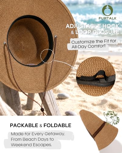 FURTALK Womens Wide Brim Sun Hat with Wind Lanyard UPF Summer Straw Sun Hats for Women - color: Ac-brown, size: Medium-Large