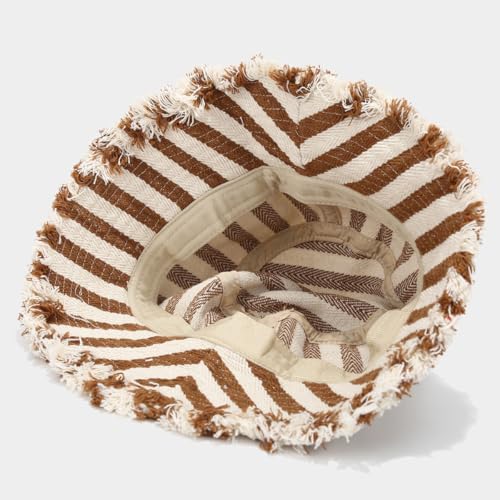 Quanhaigou Frayed Unisex Sun Hats, Fashion Beach Bucket Hat for Men Women,Summer Outdoor Boy's Girls Boonie Cap - color: Stripe Beige Brown