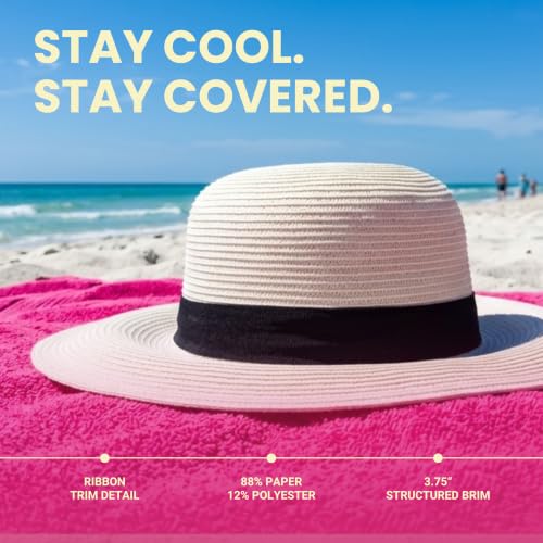 Funky Junque Wide Brim Panama Sun Hat, Womens Packable Straw - color: Ribbon Bow Trim - White