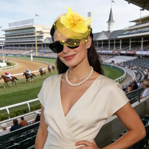 Semato Fascinators Hats for Women Mesh Feathers Elegant Yellow Tea Party Kentucky Hat Derby Headband with Hair Clip - color: Yellow