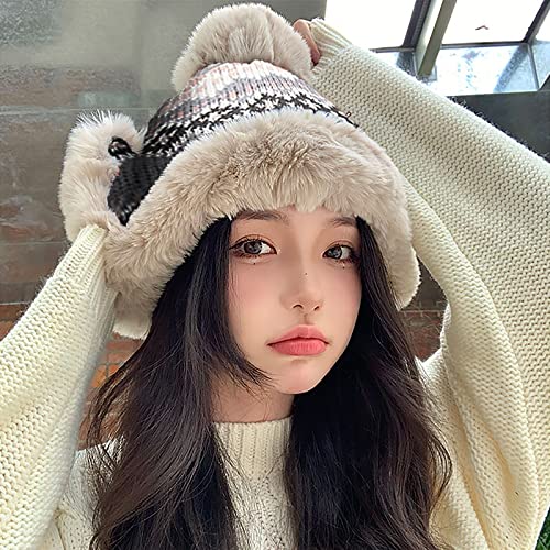 Women Winter Beanie Hat Thick Fleece Lined Warm Earflap Trapper Hat Pom Pom Jacquard Knited Outdoor Ski Snow Cap - color: Gray
