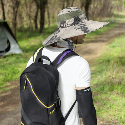 Wide Brim Sun Hat for Men Women UV Protection Bucket Fishing Hats - color: Khaki Ink Wash