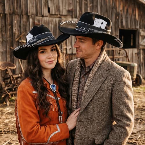 Black Cowboy Hat for Men Women Felt Western Hat with Blue Stone Necklace