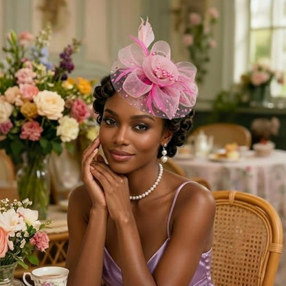 DRESHOW Fascinators Hat Flower Mesh Ribbons Feathers on a Headband and a Clip Tea Party Headwear for Girls and Women - color: 7" Diameter / Dark Pink & Light Pink