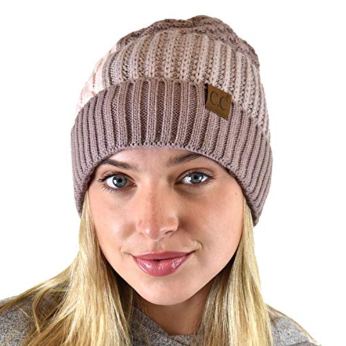 C.C Winter Warm Multi Knit Tricolor Skull Cap Cuff Beanie - color: Rose/Taupe
