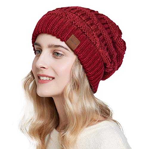 Women's Knitted Angora Wool Hat for Autumn and Winter Warm and Stylish with Rolled Brim and Slanted Rhinestones Cap - color: Z-wine Red