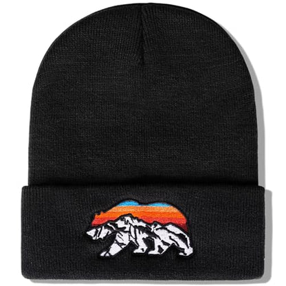 Knit Winter Beanie Hats for Men Women Cuffed Skull Cap with Mountain Embroidery Outdoor Christmas & New Year Gifts - color: Bear/Black