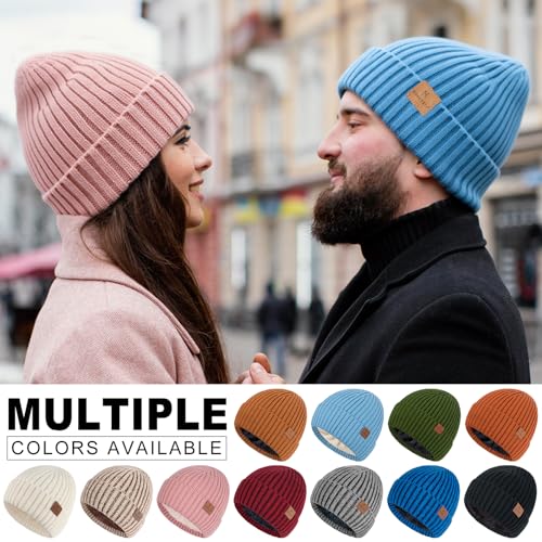 HONGTEYA 3 Pack Winter Beanie for Men Women, Thicken Thermal Plush Lined Beanie Fashion Warm Knit Hat for Cold Weather - color: Blue+camel+pink