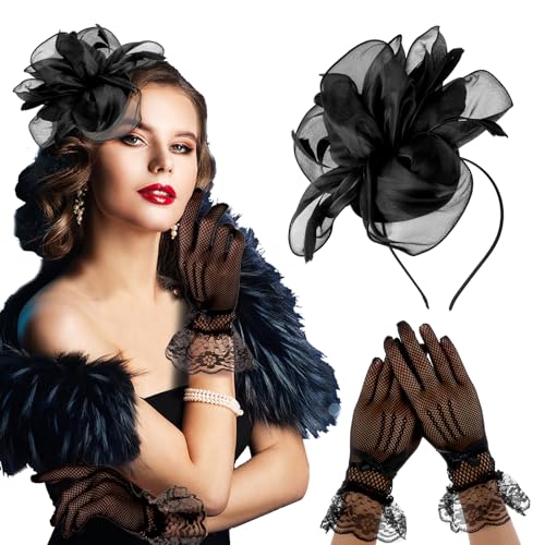 Sibba Tea Party Hat with Lace Gloves 1920s Vintage Fascinator Hats Black