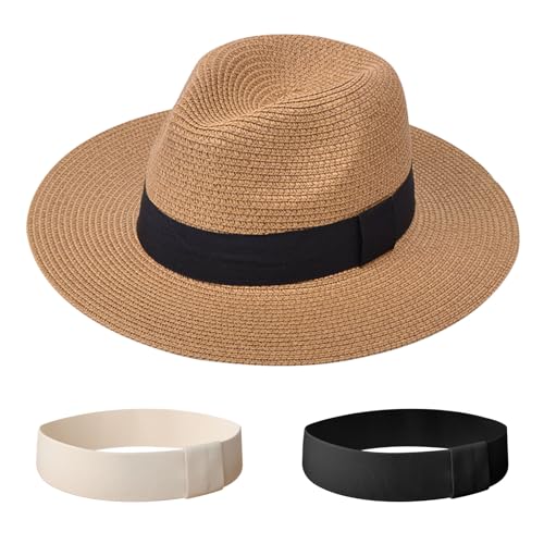 DRESHOW Women Straw Panama Hat Travel Fedora Beach Sun Hat Summer Wide Brim Straw Roll up Hat UPF 50+ - color: 1 Pack Straw Hat: Khaki (+ 2 Replaceable Ribbon Bands)