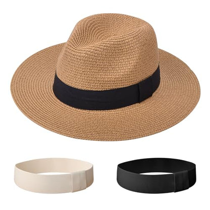DRESHOW Women Straw Panama Hat Travel Fedora Beach Sun Hat Summer Wide Brim Straw Roll up Hat UPF 50+ - color: 1 Pack Straw Hat: Khaki (+ 2 Replaceable Ribbon Bands)