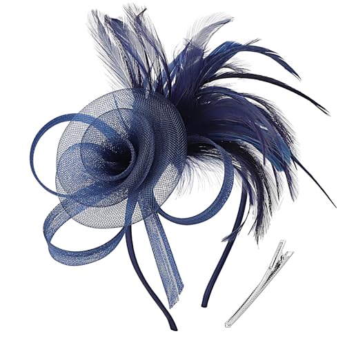 DRESHOW Fascinators Hats for Women Tulle Feather Tea Party Fascinator Hats - color: Navy Blue