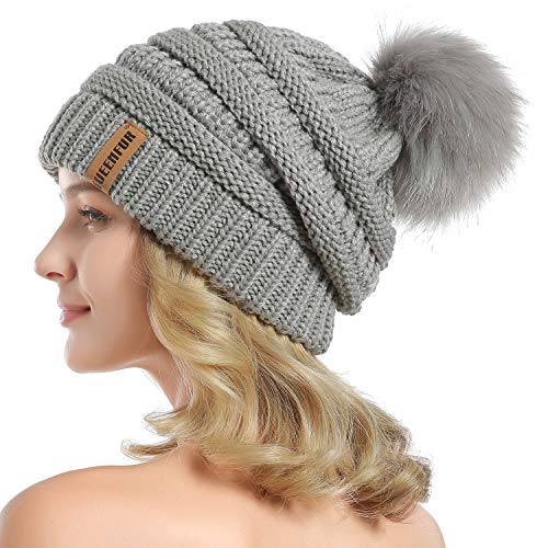Women Knit Slouchy Beanie Chunky Baggy Hat with Faux Fur Pompom Winter Soft Warm Ski Cap - color: B3-soft Grey
