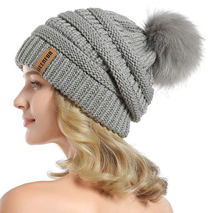 Women Knit Slouchy Beanie Chunky Baggy Hat with Faux Fur Pompom Winter Soft Warm Ski Cap - color: B3-soft Grey