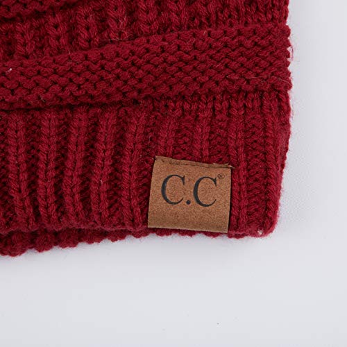 C.C Fur Pom Winter Fall Trendy Chunky Stretchy Cable Knit Beanie Hat - color: Solid Burgundy