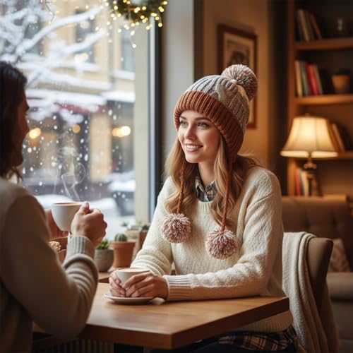 HUAMULAN Women Winter Sherpa Knit Beanie Hat Fleece Lined Ear Flaps - color: Reddish Brown and Khaki
