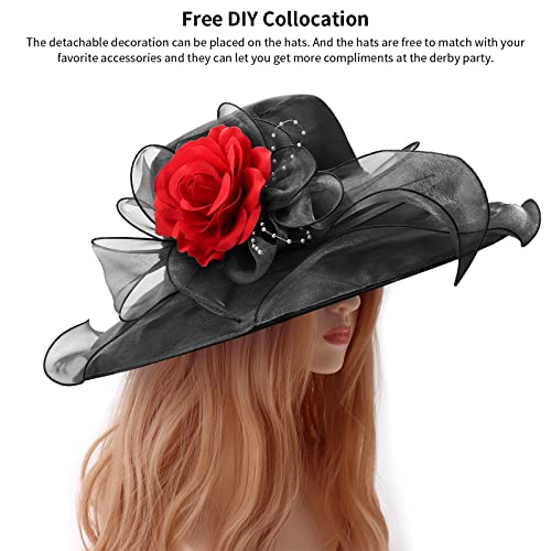 AQOKKA Women Organza Church Fascinators Kentucky Derby Hats for Women and Girls Wedding Flower Tea Party Hat with Wide Brim - color: Black