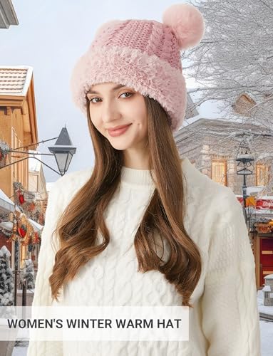 FEOYA Womens Knit Winter Beanie Hat with Faux Fur Pompom Fuzzy Cute Knit Fleece Lined Skull Cap - color: Pink