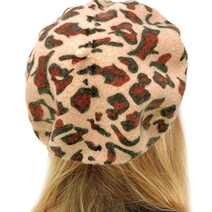 Classic Winter 100% Wool Warm French Art Basque Beret Tam Beanie Hat Cap - color: Leopard Pink