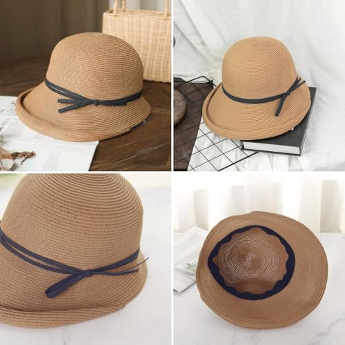 Women's Straw Bucket Sun Hat, Packable Floppy Wide Brim Beach Hat - color: Khaki B