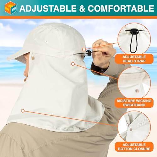 SUN CUBE Fishing Sun Hat with Neck Flap & Face Cover, Wide Brim UPF50+ Cap - color: Beige