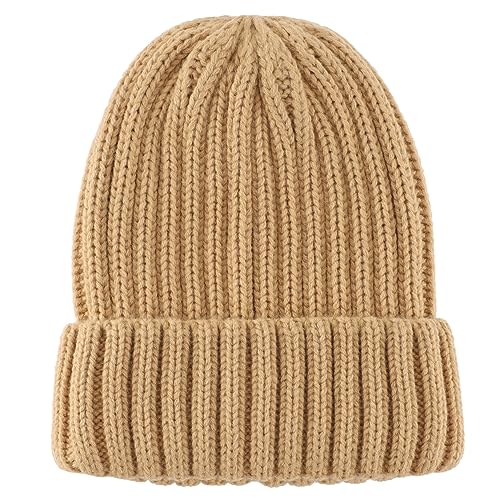 Connectyle Women's Rib Knit Cuffed Beanie Hat Stretch Acrylic Winter Hat Thick Warm Snow Ski Cap - color: Khaki