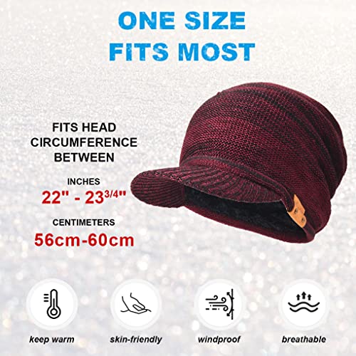 Ruphedy Mens Beanie with Brim Winter Hat Knitted Thick Fleece Visor Beanie - color: B319-claret