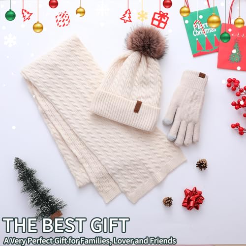 Winter Hat Scarf Gloves Set for Women, Classic Cable Beanie with Removable Pom Pom Long Scarf Touchscreen Gloves 3 in 1 Set - color: Beige