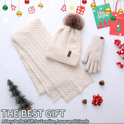 Winter Hat Scarf Gloves Set for Women, Classic Cable Beanie with Removable Pom Pom Long Scarf Touchscreen Gloves 3 in 1 Set - color: Beige