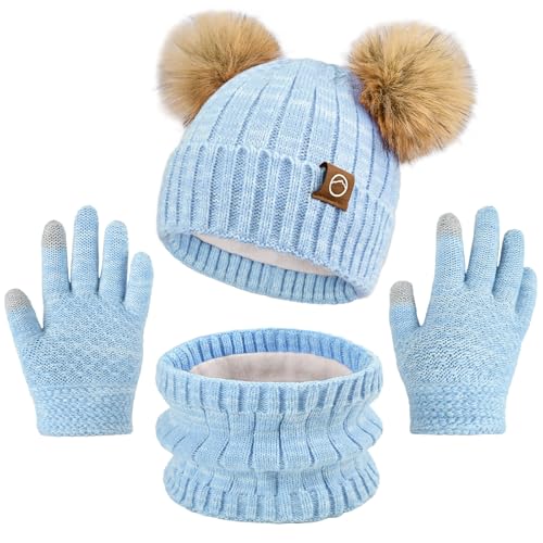 Kids Winter Hat Gloves Scarf Set Girls, Children Beanies Hats with Pom Pom - color: Acid Blue Mix