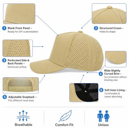 5 Panel Baseball Cap Quick Dry Mesh Snapback Hat for Women Men - color: Khaki