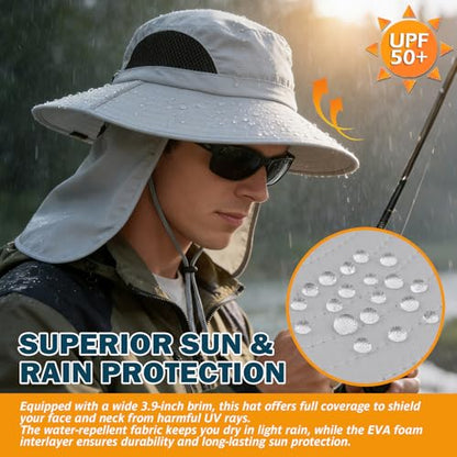 Wide Brim Sun Bucket Hat, Waterproof Boonie Hat for Men & Women - color: 07 Light Grey (Full Coverage)