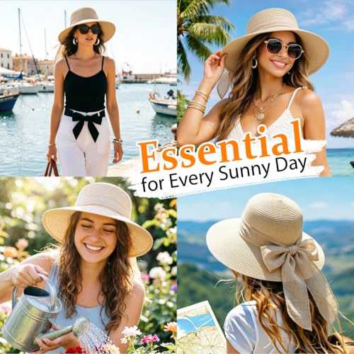 DRESHOW Sun Hats for Women Summer Wide Brim Beach Straw Hat Bowknot Bucket Hats Foldable Floppy Beach Sun Hat UPF 50+ - color: 1 Pack Bowknot Ribbon Hat: Beige