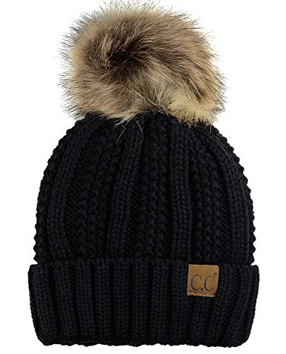 C.C Thick Cable Knit Faux Fuzzy Fur Pom Fleece Lined Skull Cap Cuff Beanie - color: Black