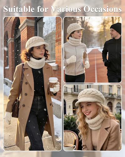Loritta 3 in 1 Womens Winter Hat Gloves Scarf Set, Warm Hat Mittens - color: Beige