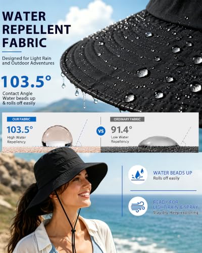 Womens Ponytail Sun Hat UPF50+ Waterproof Bucket Hat Packable Beach Hat - color: Black